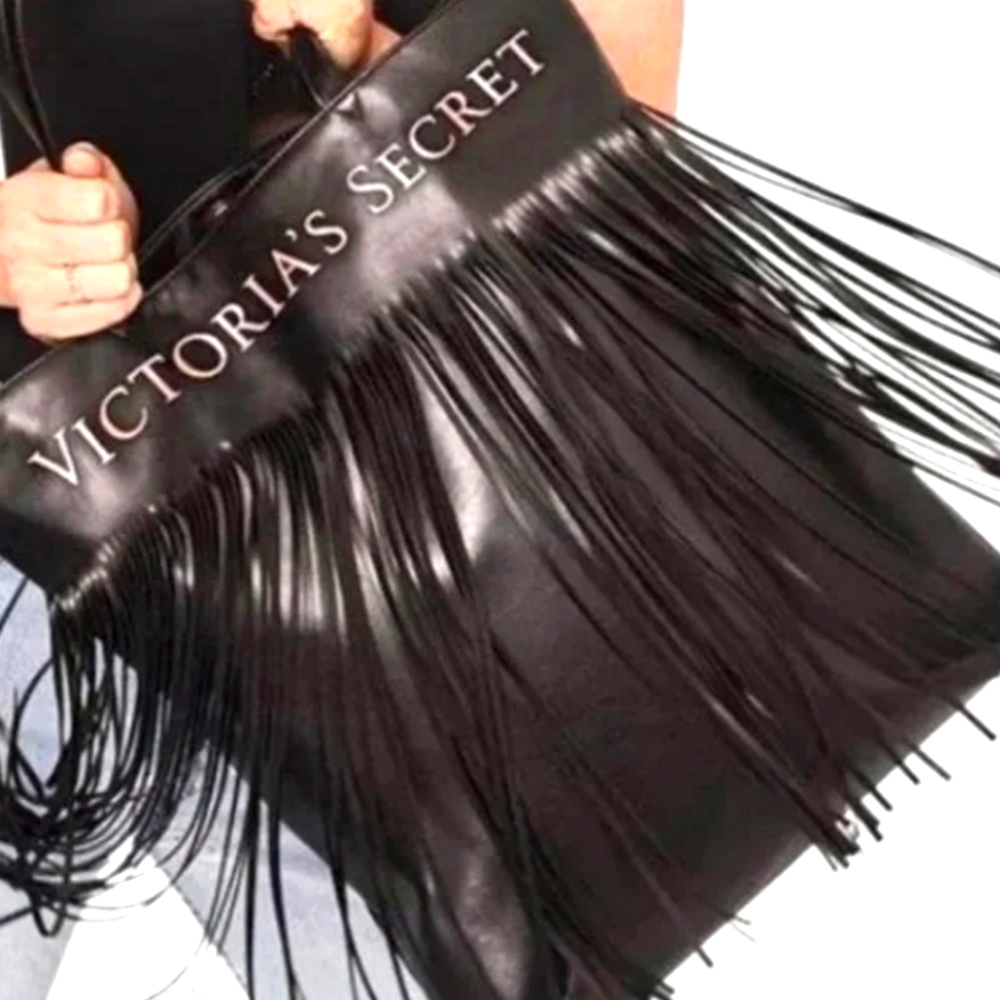 Victoria's Secret Black Tassel Bag limited edition black faux vegan leather NWT